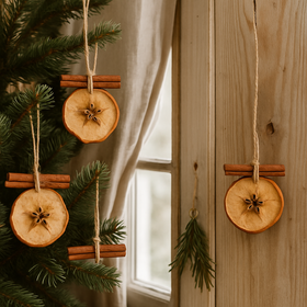 Zawieszki świąteczne dwustronne 3 szt. | Suszone jabłko, cynamon, jutowa kokardka i drewniana gwiazdka | Naturalne ozdoby GrandDeco