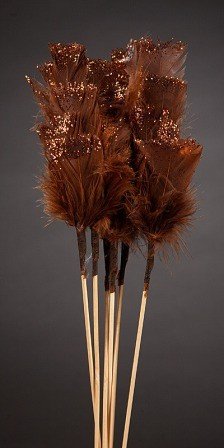 Set of 6 glittered  feathers on sticks  34cm brown