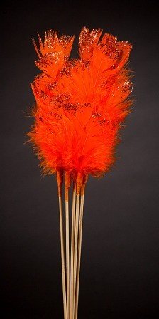 Set of 6 glittered  feathers on sticks  34cm orange