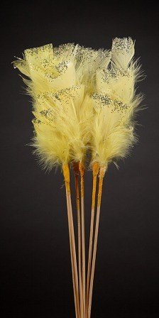 Set of 6 glittered  feathers on sticks  34cm yellow