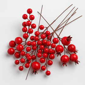 Mix czerwonych dekoracji na drucikach – jagody, kuleczki, dzika róża – zestaw świąteczny do stroików i DIY