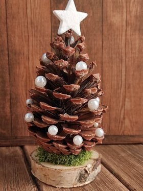 Christmas decoration, pine cone with pearls on a wooden base 8-20 cm