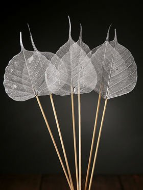 Skeleton leaves on sticks 6 pcs/pkg silver