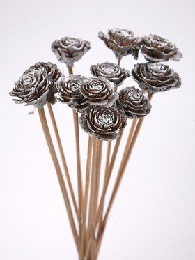 Bouquet of 6 Cedar Wood Roses Floral Picks Silver