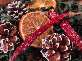 Winter potpourri -cones, peppers, oranges, dried green shavings