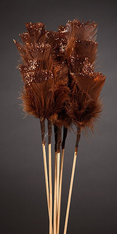 Set of 6 glittered  feathers on sticks  34cm brown