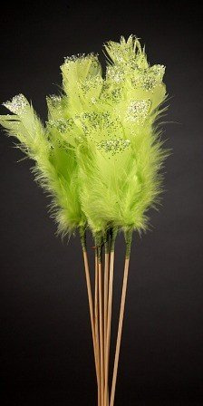 Set of 6 glittered green feathers on sticks  34cm